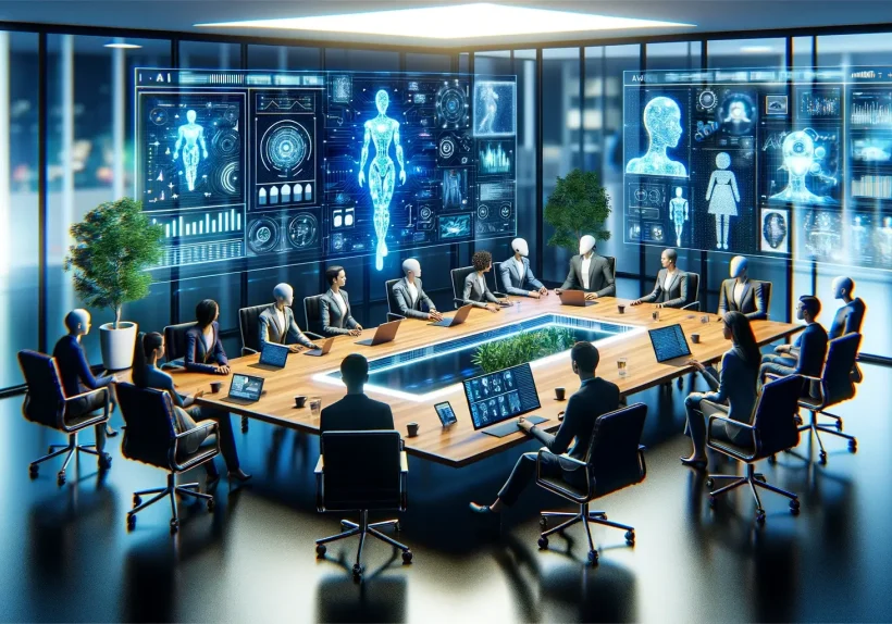 A team meeting scene where both humans and AI agents actively participate, set in a modern conference room. The table is surrounded by humans and AI e