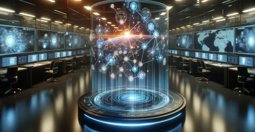 Imagine-a-futuristic-workspace-filled-with-glowing-screens-and-holographic-projections.-In-the-center-theres-a-large-interactive-holographic-displa