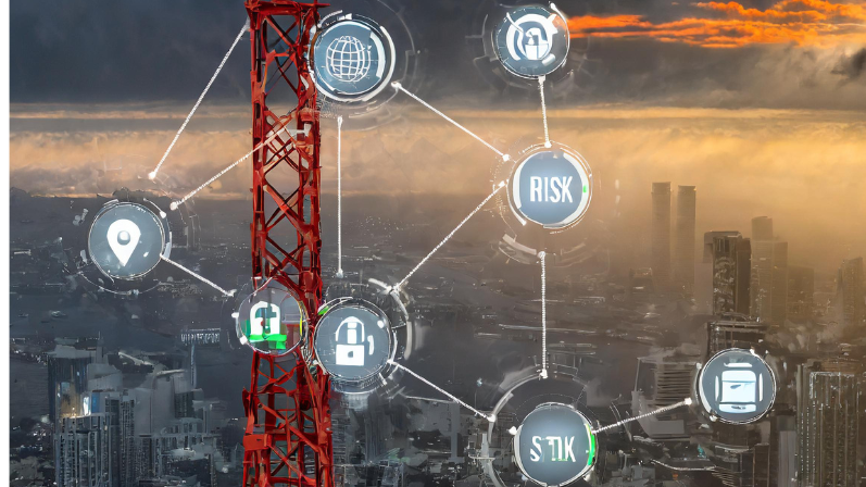 red telco tower with six key risks wired to the tower on a background of a foggy city