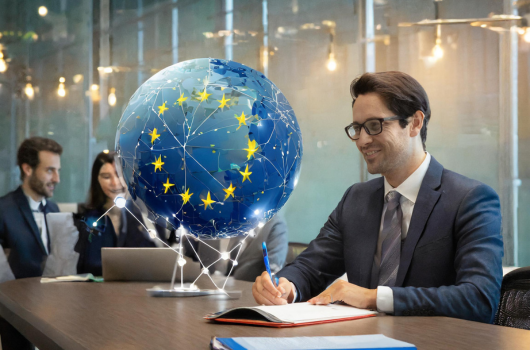 Meeting room with people wearing suits looking at a globe with EU stars